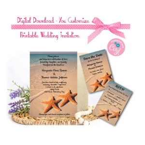 Seestern-Strand-Hochzeits-Einladungs-Set - 5x7, passende Antwortkarte & Save-The-Date-Karte - Download (Link wird per E-Mail versendet) -SIE PERSONALISIEREN