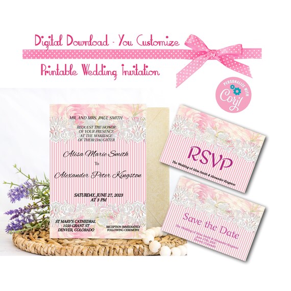 Pink Stripe Lace Wedding Invitation Set 5x7, Matching Rsvp Card.