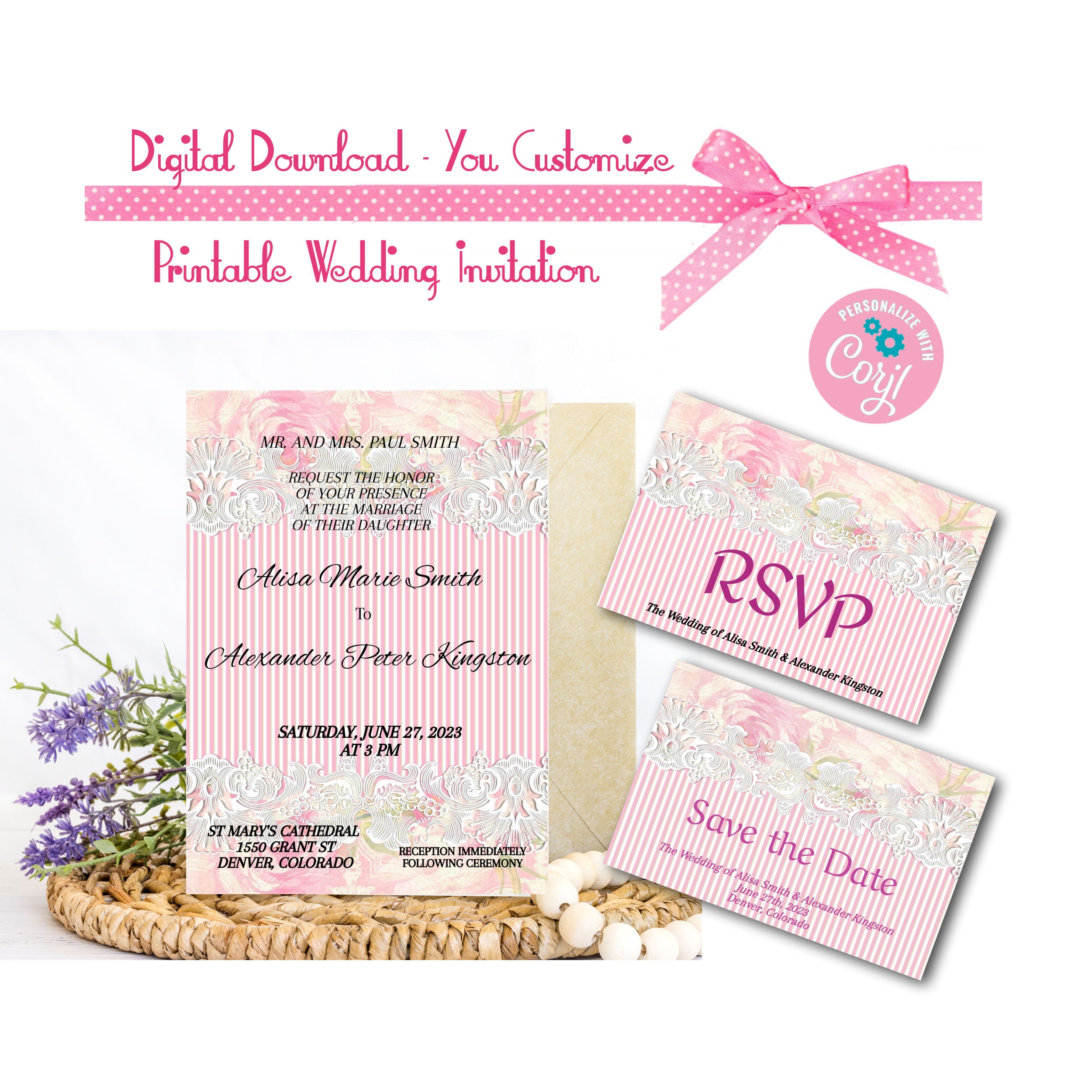 Pink Stripe Lace Wedding Invitation Set 5x7, Matching Rsvp Card.