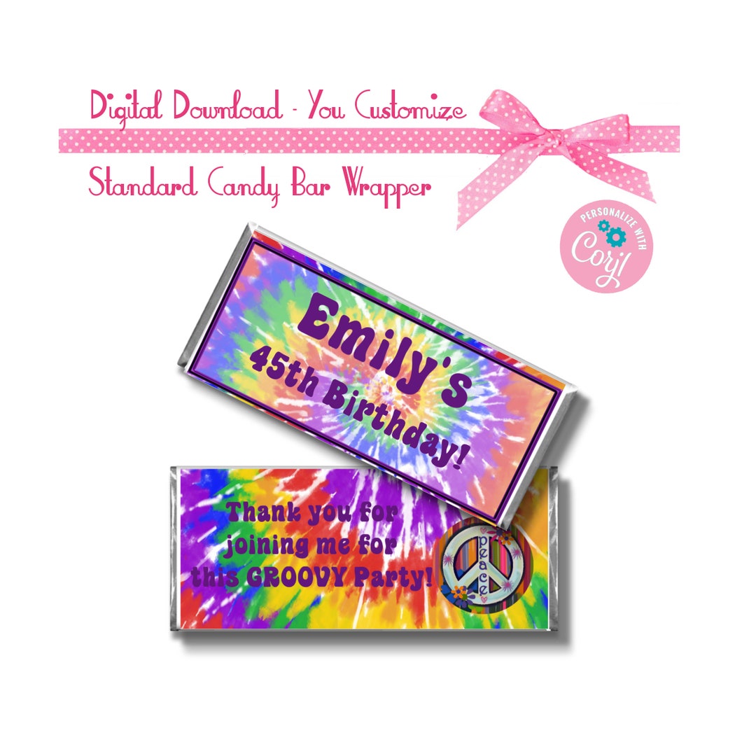 Personalized Tie Dye Chocolate Bar Wrappers - 100 Count Hippy 60s 70s Party Favors