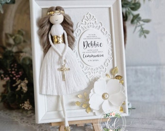 Beautiful First Holy Communion Frame with macrame girl, handmade by Kari Designs.