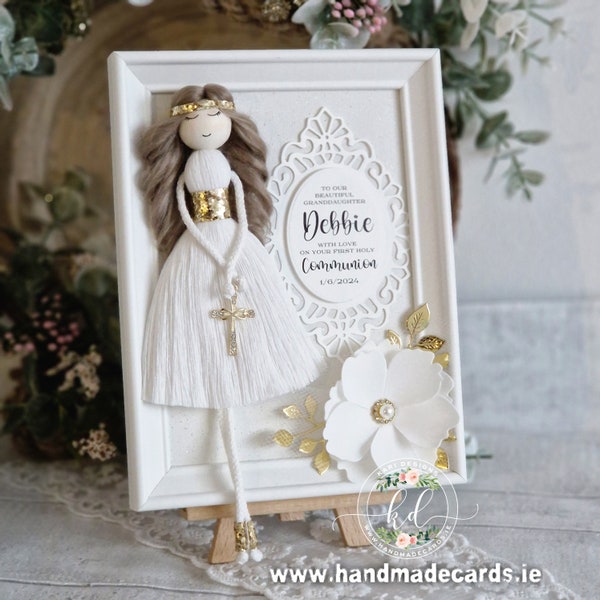 Beautiful First Holy Communion Frame with macrame girl, handmade by Kari Designs.