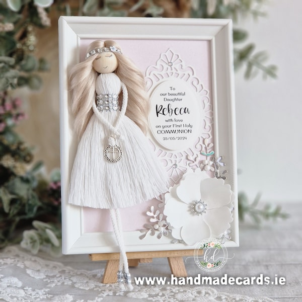 Beautiful First Holy Communion Frame with macrame girl, handmade by Kari Designs.