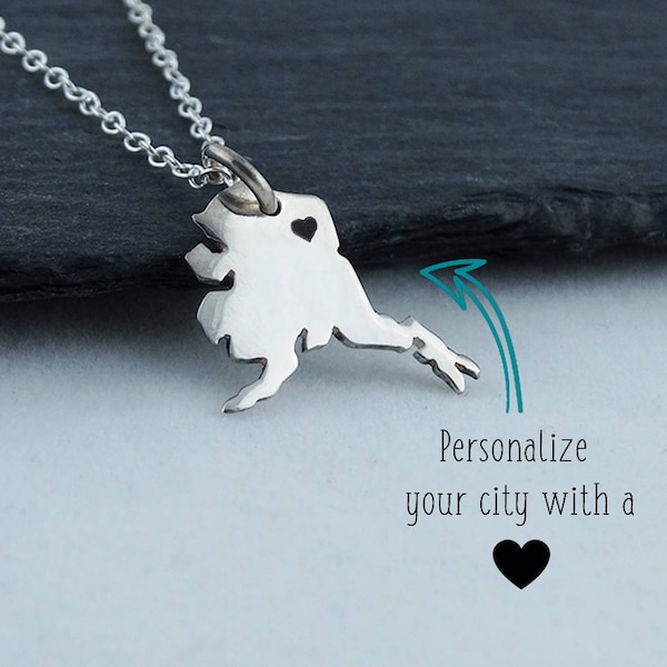 Personalized Alaska State Charm Necklace with Engraved Heart Near Your City - 925 Sterling Silver