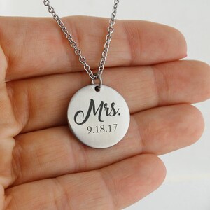 Personalized Stainless Steel Mrs. Necklace with Wedding Date - 20mm Engraved Round Charm with 18&quot; Chain