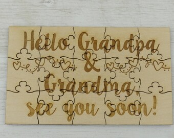 Hello Grandpa and Grandma, See You Soon Pregnancy Reveal Puzzle - Basswood Lasered Jigsaw Puzzle - Put Together Surprise Baby Announcement