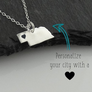 Personalized Nebraska State Charm Necklace with Engraved Heart Near Your City - 925 Sterling Silver