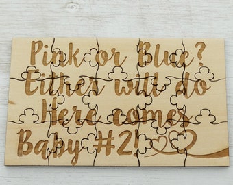 Baby #2 Announcement Puzzle: Laser Engraved Basswood Jigsaw