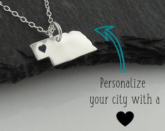 Personalized Nebraska State Charm Necklace with Engraved Heart Near Your City - 925 Sterling Silver