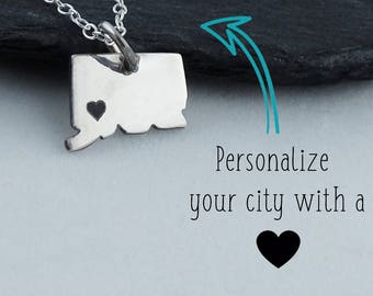 Personalized Connecticut State Charm Necklace with Engraved Heart Near Your City - 925 Sterling Silver