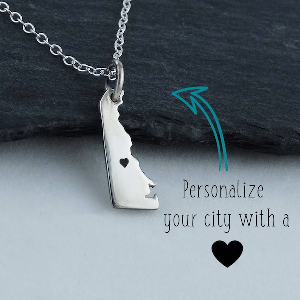 Personalized Delaware State Charm Necklace with Engraved Heart Near Your City - 925 Sterling Silver