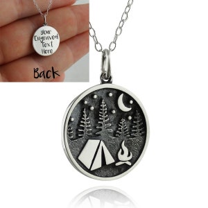 Custom Engraved Camping Charm Necklace - Round Sterling Silver Charm with Personalized Engraving
