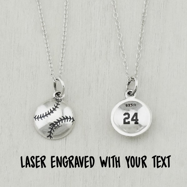 Personalized Sterling Silver Baseball Softball Charm Necklace - 925 Sterling Silver- Engraved with Jersey Number -  18" Chain