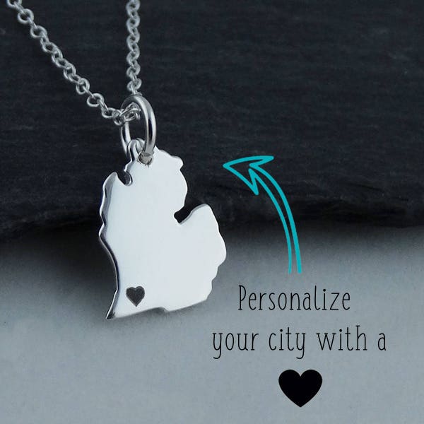 Personalized Michigan State Charm Necklace with Engraved Heart Near Your City - 925 Sterling Silver