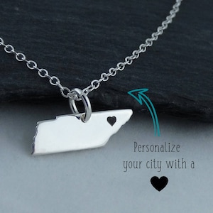 Personalized Tennessee State Charm Necklace with Engraved Heart Near Your City - 925 Sterling Silver