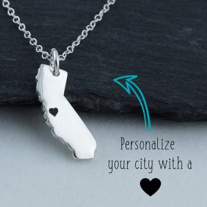 Personalized California State Charm Necklace with Engraved Heart Near Your City - 925 Sterling Silver