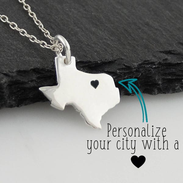 Personalized Texas State Charm Necklace with Engraved Heart Near Your City - 925 Sterling Silver