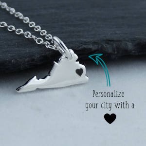 Personalized Virginia State Charm Necklace with Engraved Heart Near Your City - 925 Sterling Silver