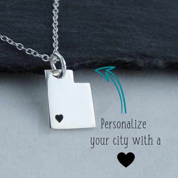 Personalized Utah State Charm Necklace with Engraved Heart Near Your City - 925 Sterling Silver