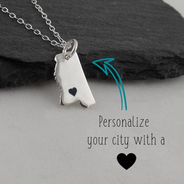 Personalized Mississippi State Charm Necklace with Engraved Heart Near Your City - 925 Sterling Silver