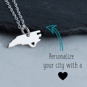 Personalized North Carolina State Charm Necklace with Engraved Heart Near Your City - 925 Sterling Silver