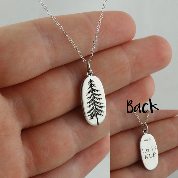 Personalized Pine Tree Charm Necklace - 925 Sterling Silver- Engraved Custom Text on Back 18 Inch Chain