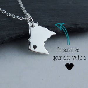 Personalized Minnesota State Charm Necklace with Engraved Heart Near Your City - 925 Sterling Silver