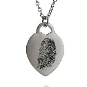 Personalized Fingerprint or Thumbprint Heart Pendant Necklace - Stainless Steel - 18&quot; Chain - Memorial Gift - Submit Photo of Print
