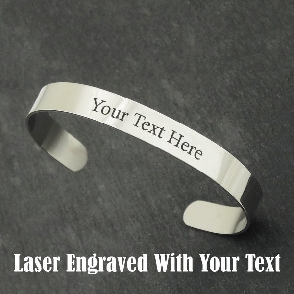 3/8" Wide Custom Engraved Cuff Bracelet - Stainless Steel - Create Your Own Personalized Engraving Text Image Handwriting EKG Soundwave