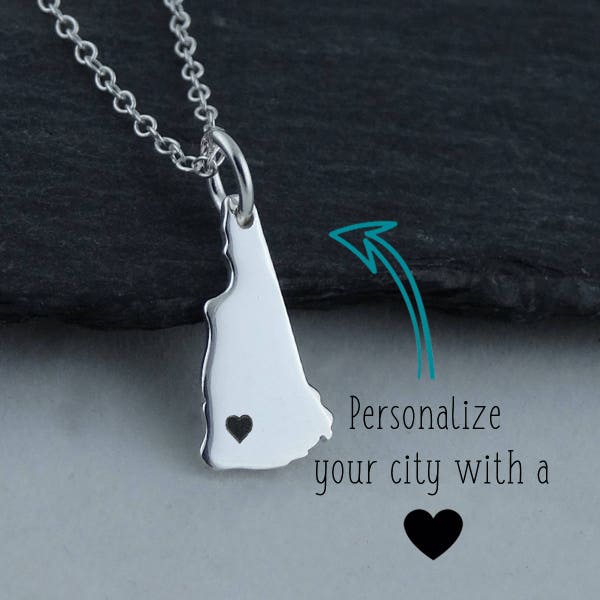 Personalized New Hampshire State Charm Necklace with Engraved Heart Near Your City - 925 Sterling Silver