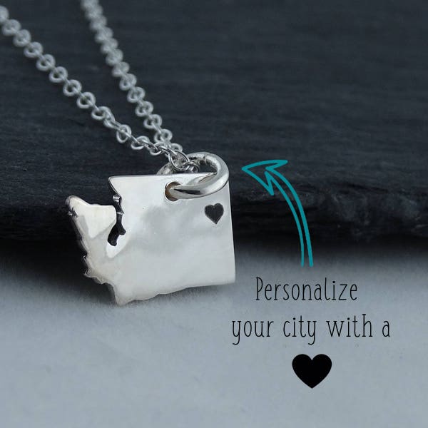 Personalized Washington State Charm Necklace with Engraved Heart Near Your City - 925 Sterling Silver