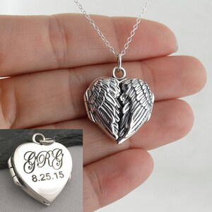 Engravable angel wings sterling silver heart photo locket necklace hotsell