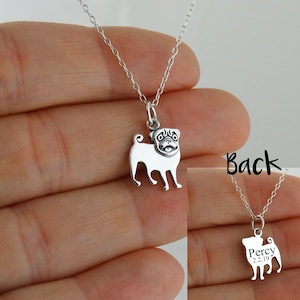 Personalized Pug Necklace - 925 Sterling Silver- Engraved Custom Dog Name, Initials, Dates 18&quot; Chain
