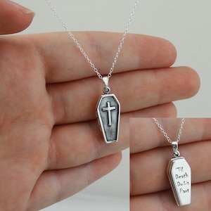 Sterling Silver &quot;Til Death Do Us Part&quot; Engraved Coffin Locket Necklace - 21mm x 10mm Spooky Goth Pendant with 18&quot; Chain