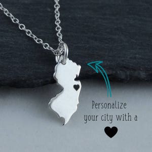 Personalized New Jersey State Charm Necklace with Engraved Heart Near Your City - 925 Sterling Silver