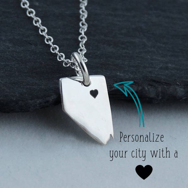 Personalized Nevada State Charm Necklace with Engraved Heart Near Your City - 925 Sterling Silver