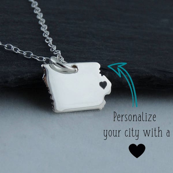Personalized Iowa State Charm Necklace with Engraved Heart Near Your City - 925 Sterling Silver