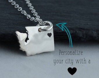 Personalized Washington State Charm Necklace with Engraved Heart Near Your City - 925 Sterling Silver