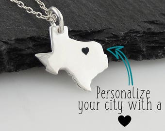 Personalized Texas State Charm Necklace with Engraved Heart Near Your City - 925 Sterling Silver