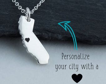 Personalized California State Charm Necklace with Engraved Heart Near Your City - 925 Sterling Silver