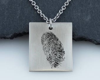 Personalized Stainless Steel Fingerprint or Thumbprint Necklace - Custom Engraved Pendant with 18" Chain