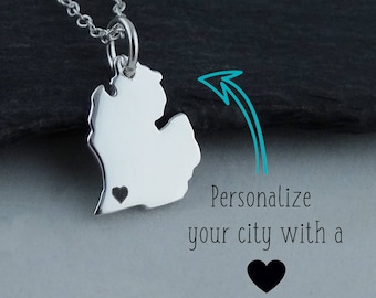 Personalized Michigan State Charm Necklace with Engraved Heart Near Your City - 925 Sterling Silver