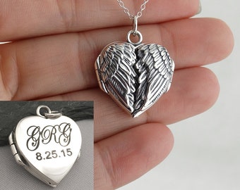 Engraved Angel Wing Heart Locket Necklace -925 Sterling Silver- Personalized with Text, Saying, Dates, Initials on Back or Inside, 18" Chain