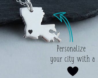 Personalized Louisiana State Charm Necklace with Engraved Heart Near Your City - 925 Sterling Silver