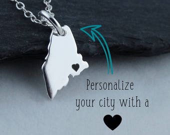 Personalized Maine State Charm Necklace with Engraved Heart Near Your City - 925 Sterling Silver