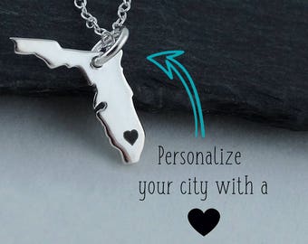 Personalized Florida State Charm Necklace with Engraved Heart Near Your City - 925 Sterling Silver