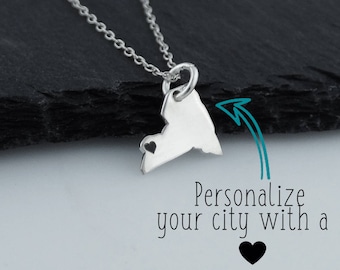 Personalized New York State Charm Necklace with Engraved Heart Near Your City - 925 Sterling Silver