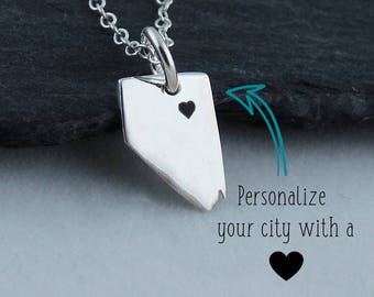 Personalized Nevada State Charm Necklace with Engraved Heart Near Your City - 925 Sterling Silver