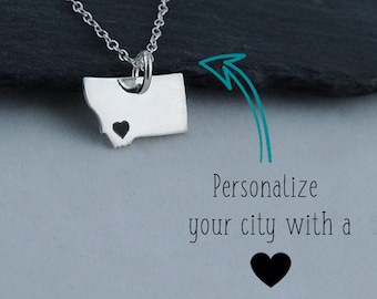 Personalized Montana State Charm Necklace with Engraved Heart Near Your City - 925 Sterling Silver