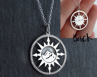 Personalized Compass Charm with Mountain Range Necklace - 925 Sterling Silver- Engraved Custom Date or Initials on Back 18 Inch Chain